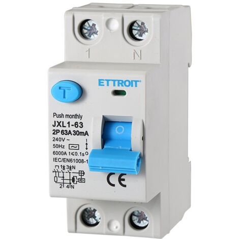 Ettroit – Interrupteur différentiel pur 2P 63A 6kA 30mA 220V – Protection contre fuites de courant – 2 modules DIN - JX326361