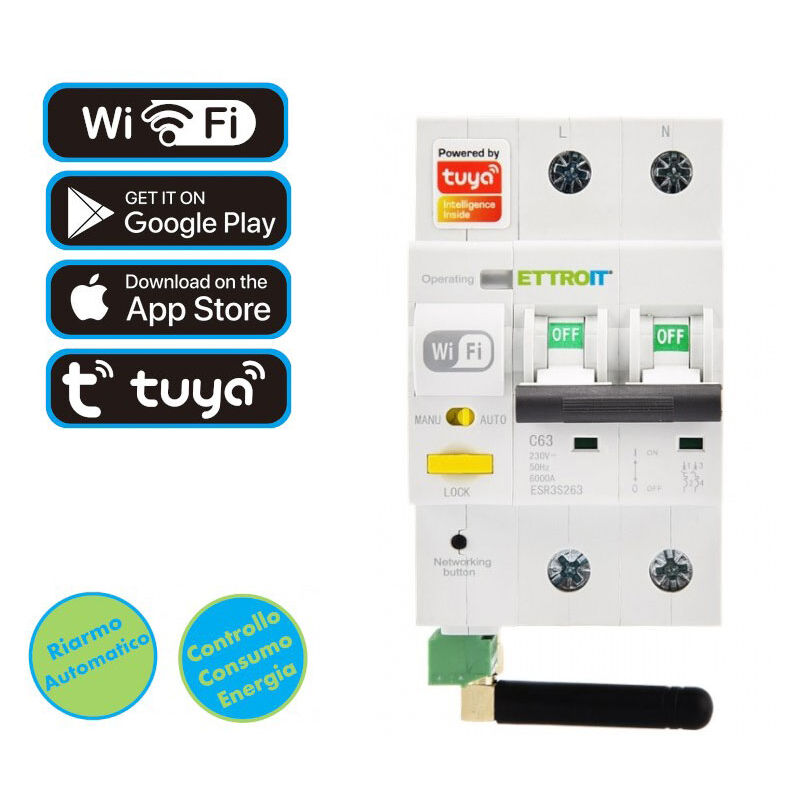 Ettroit - disjoncteur intelligent wifi 2P 63A reset via app tuya 3DIN