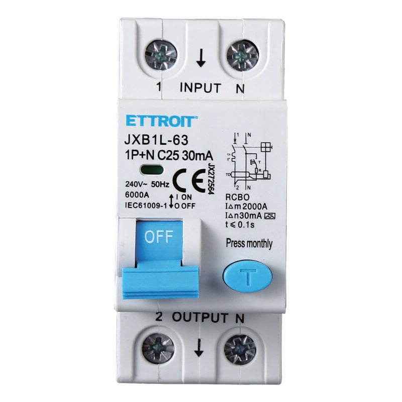 Interrupteur magnétothermique différentiel life-saving pour rail din 2 modules 1P+N 25A C25 240V 30mA 6KA classe a