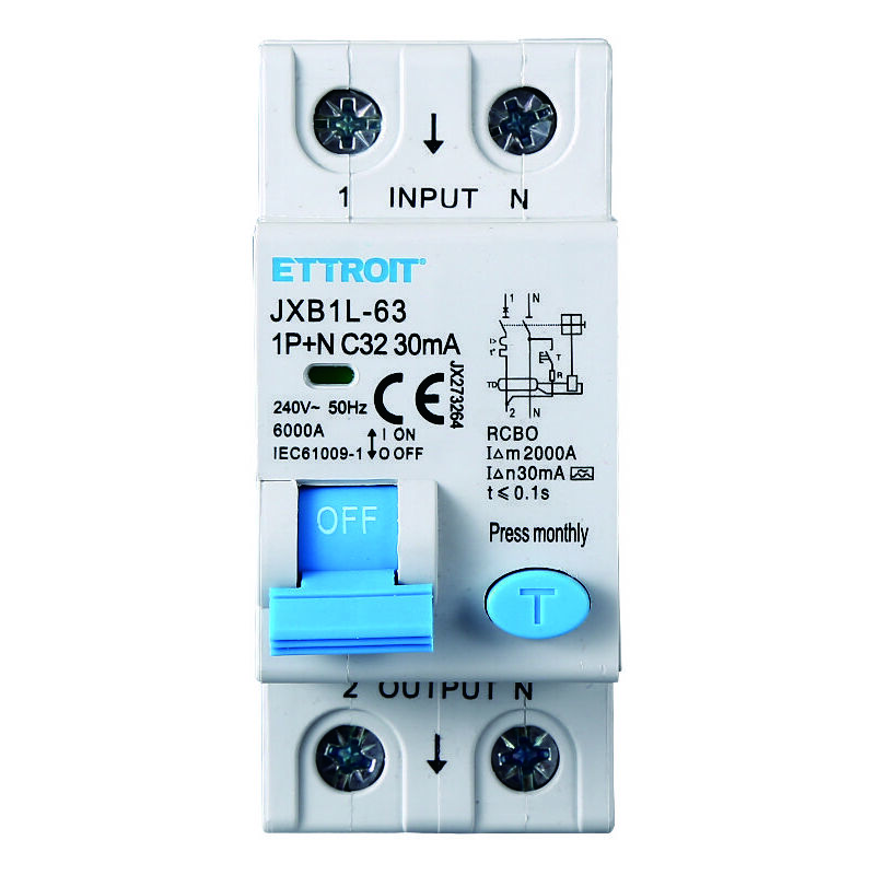 Interrupteur differentiel magnetothermique pour rail din 2 modules 1P+N 32A C32 240V 30mA 6KA classe a