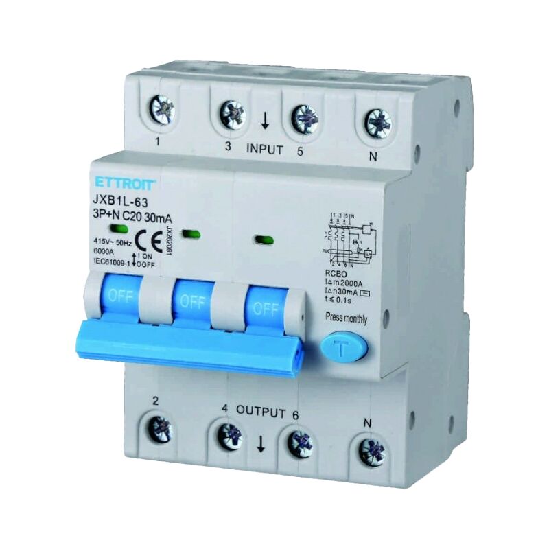 Interrupteur magnétothermique différentiel life-saving pour rail din 4 modules 3P+N 20A C20 380V 30mA 6KA