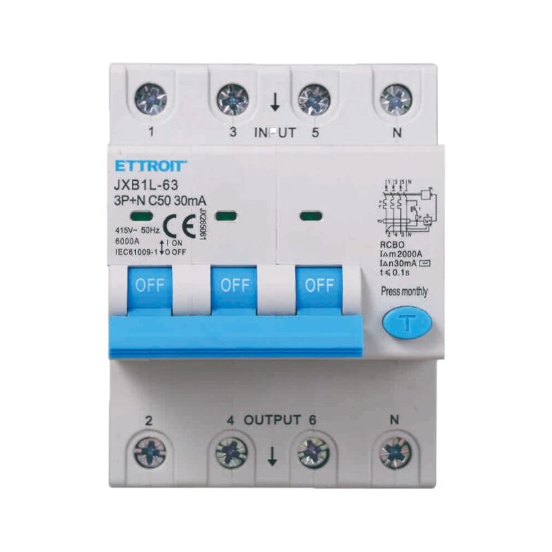 Interrupteur magnétothermique différentiel life-saving pour rail din 4 modules 3P+N 50A C50 380V 30mA 6KA