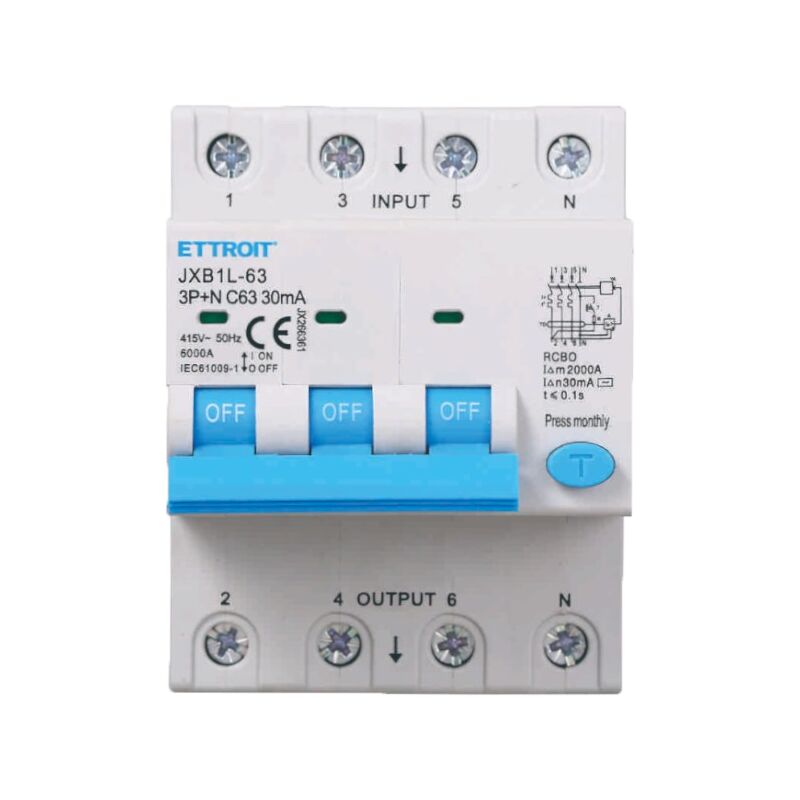 Interrupteur magnétothermique différentiel life-saving pour rail din 4 modules 3P+N 63A C63 380V 30mA 6KA