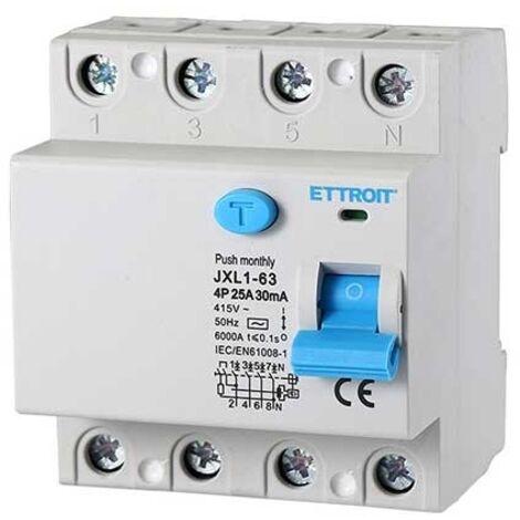 ETTROIT Interruttore Differenziale Puro 4P 25A 6kA 30mA 380V Salvavita 4 Moduli DIN JX342561