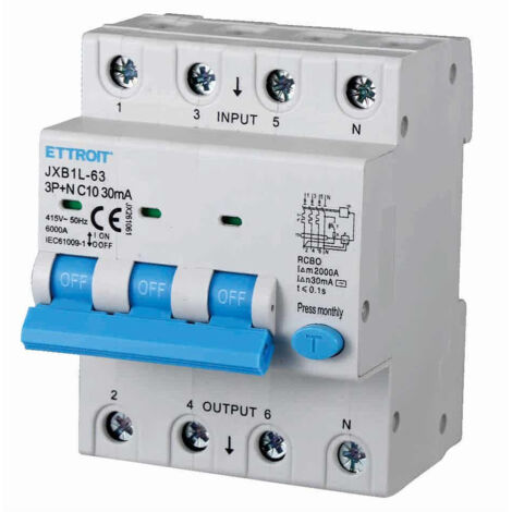 ETTROIT Interruttore Magnetotermico Differenziale 3P+N 10A 30mA 380V-6KA 4 moduli din JX261061
