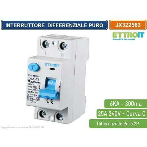 ETTROIT INTERRUTTORE MAGNETOTERMICO DIFFERENZIALE PURO SALVAVITA PER BARRA DIN 2 MODULI 2P 25A 240V 300mA 6KA