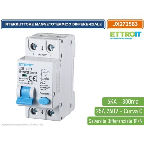 ETTROIT INTERRUTTORE MAGNETOTERMICO DIFFERENZIALE SALVAVITA PER BARRA DIN 2 MODULI 1P+N 25A C25 240V 300mA 6KA