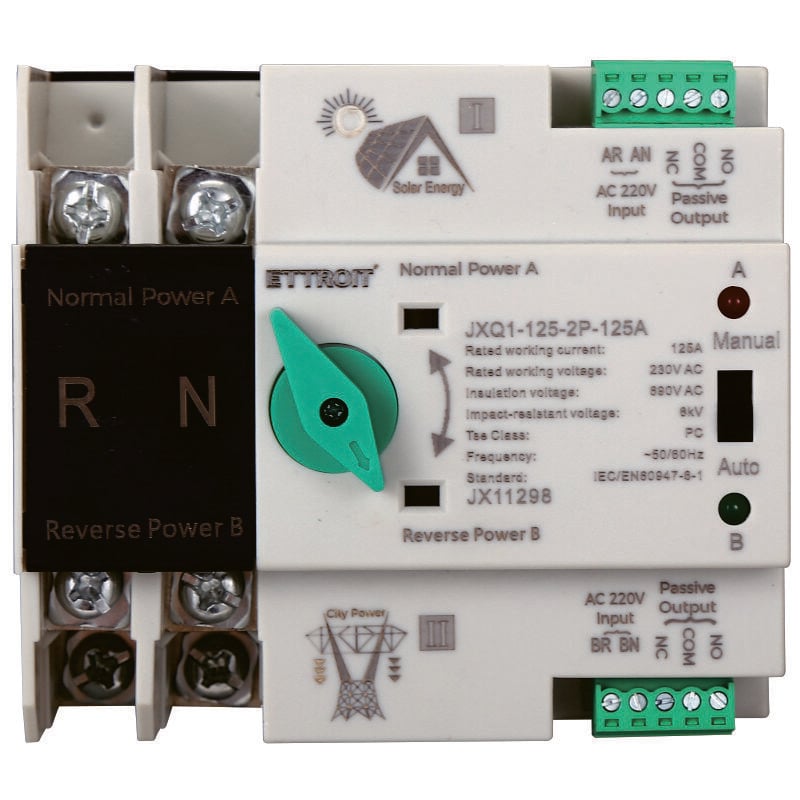 Commutateur de transfert de puissance double automatique pour le photovoltaïque 125A 2P