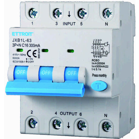 ETTROIT JX261668 Differentialschutzschalter 3P+N 16A 300mA 380V-6KA KLASSE A