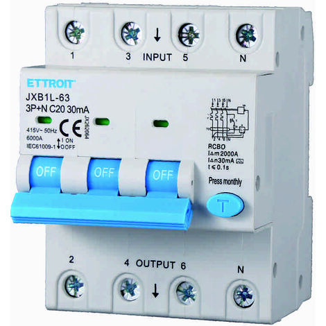ETTROIT JX262064 Differenzialschutzschalter 3P+N 20A 30mA 380V-6KA KLASSE A