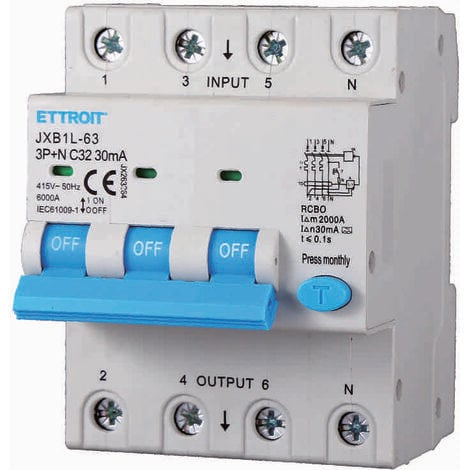 ETTROIT JX263264 Differenzialschutzschalter 3P+N 32A 30mA 380V-6KA KLASSE A
