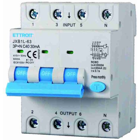 ETTROIT JX264064 Magnetotermico Differenziale 3P+N 40A 30mA 380V-6KA CLASSE A