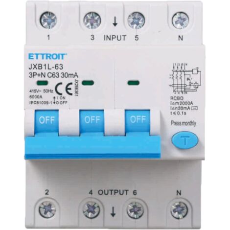 ETTROIT JX266361 Magnetotermico Differenziale 3P+N 63A 30mA 380V-6KA - 4 Moduli Din