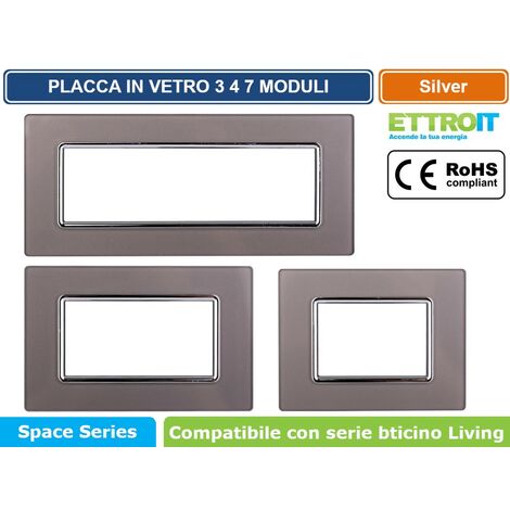 Ettroit placca compatibile Bticino Livinglight 7 moduli vetro colore argento - LN84706