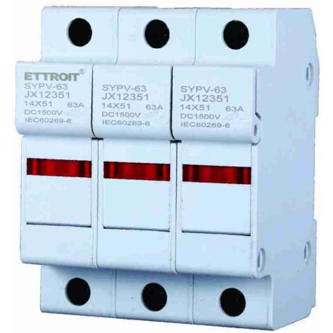 ETTROIT Portafusibile Modulare DC Fotovoltaico 3P 3M D14X51mm 63A DC 1000V IP20 IEC60269-6 JX12351