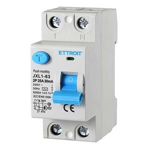 ETTROIT reiner Fehlerstromschutzschalter, 2P, 25 A, 6 kA, 30 mA, 220 V, Lebensretter, 2 DIN-Module, Ettroit JX322561