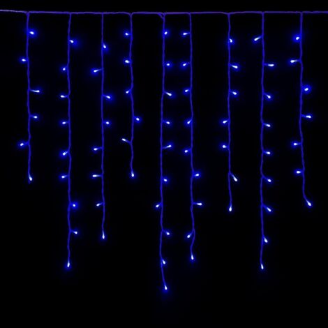 Ettroit – Rideau lumineux LED 120 – 3 m – lumière bleue – câble blanc – IP65 – extensible – effet flash – fils suspendus alternés 30-70-40-60 cm