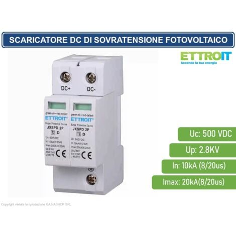 ETTROIT - SCARICATORE LIMITATORE DI SOVRATENSIONE DC PER FOTOVOLTAICO TIPO 2 T2 D 2P DC 500V 2.8KV 10KA OCCUPA 2 MODULI DIN