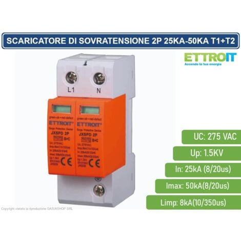 ETTROIT SCARICATORE LIMITATORE DI SOVRATENSIONE TIPO T1+T2 2P 25KA-50KA SPD A LIMITAZIONE PER BARRA DIN