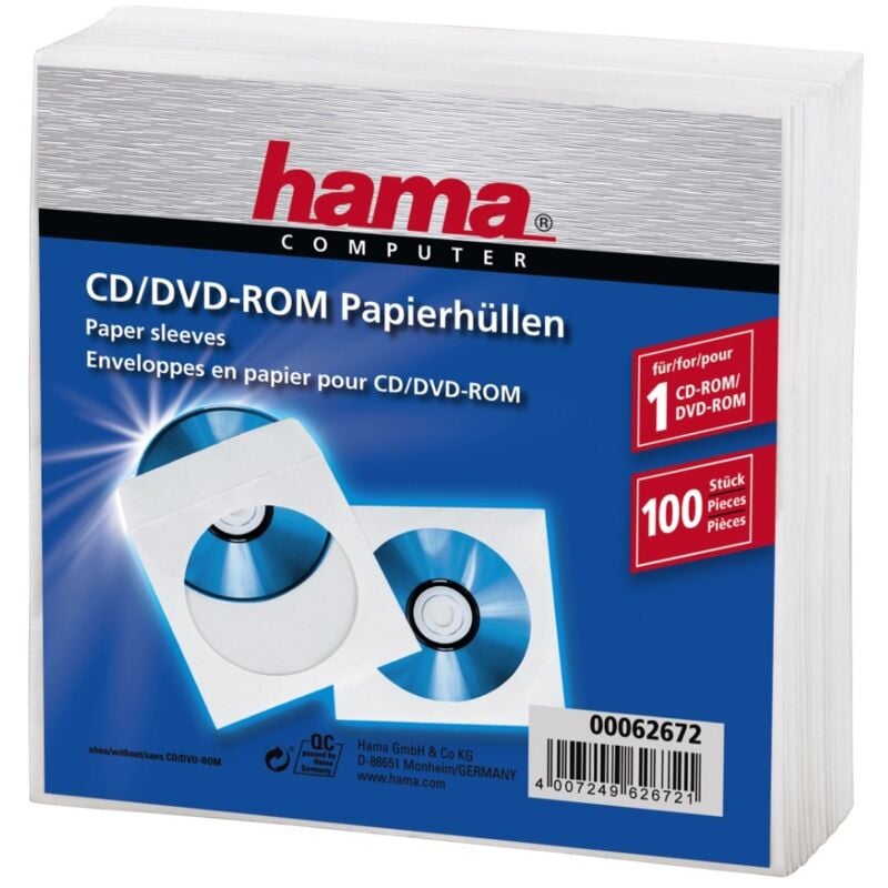 Pochettes de protection pour cd/dvd Hama en papier blanc, 100 pièces
