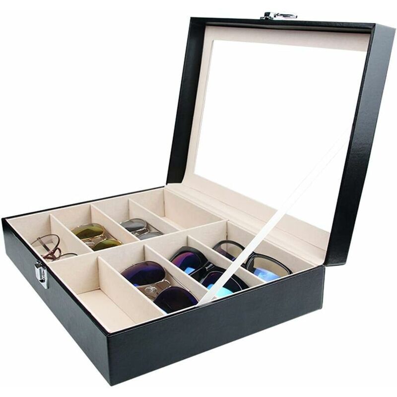 Serbia - Etui à lunettes, peut contenir 8 paires de lunettes, rangement lunettes et présentoir, cuir synthétique noir 33,7 x 24,5 x 8,4 cm (8