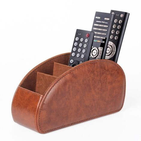 Étui à télécommandes à 5 compartiments, boîte de rangement en cuir PU marron pour télécommandes TV