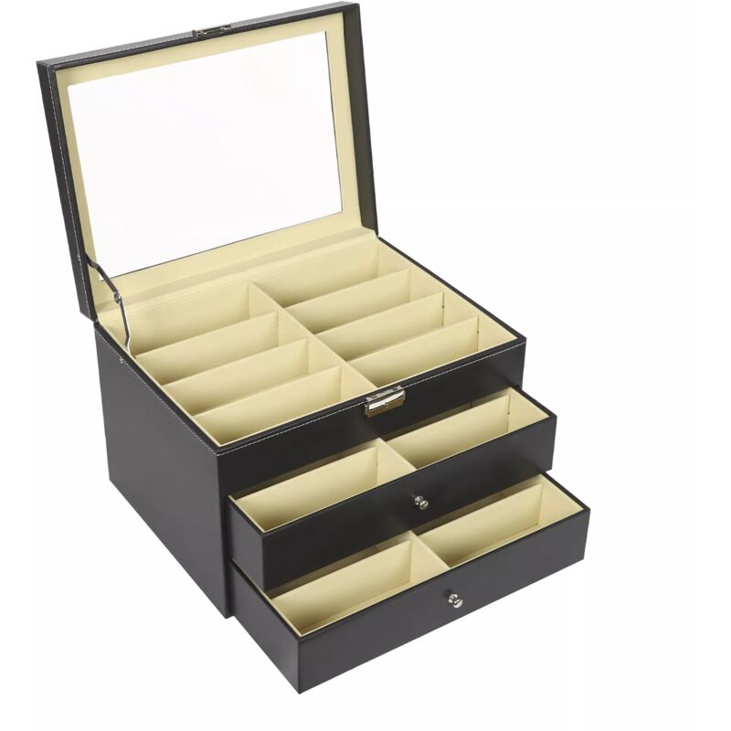 Tui de rangement pour lunettes de soleil, 3 couches, 24 emplacements, organiseur pour lunettes de soleil et montres, Noir