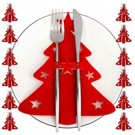 Étui décoratif pour couverts en forme de sapin de Noël, ornement rouge, 12 pièces.