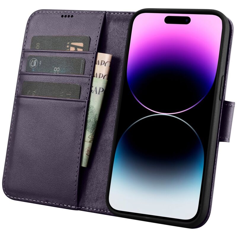 Étui portefeuille en cuir 2 en 1 anti-RFID pour iPhone 14 Pro Max, violet foncé