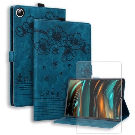 Etui pour Samsung Galaxy Tab A9+ - Chat Bleu - Cuir PU - Silicone Bumper TPU - Fentes de Carte