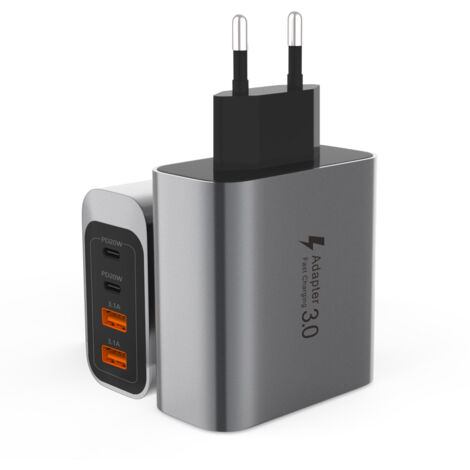 EU Chargeur Rapide 55W 4 Ports avec Câble Type-C 60W, PD20W USB-A 3.1A, Prise EU pour iPhone et Téléphones Mobiles