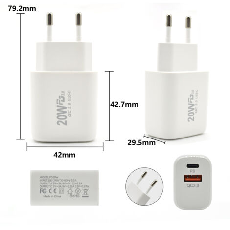 EU Chargeur Rapide USB Double Port 20W PD+QC3.0 (A+C), Adaptateur de Charge Prise UK/EU pour Téléphones Mobiles