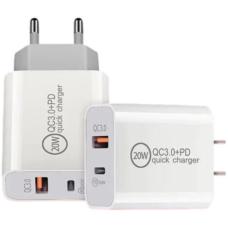 EU Chargeur USB Double Port 20W PD+QC3.0 (A+C), Adaptateur de Charge Rapide Prise US/EU pour Téléphones Mobiles