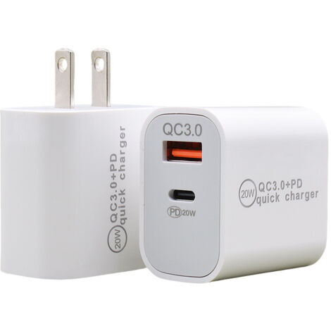 EU Chargeur USB Multi-Port 20W PD+QC3.0 avec Câble USB vers Type-C de 3M, Charge Rapide pour Téléphones iPhone