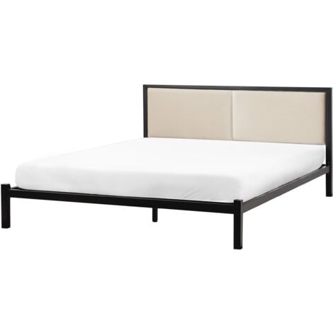 EU Double Size Bed Frame 4ft6 Black Metal Light Beige Fabric Headboard Clamart