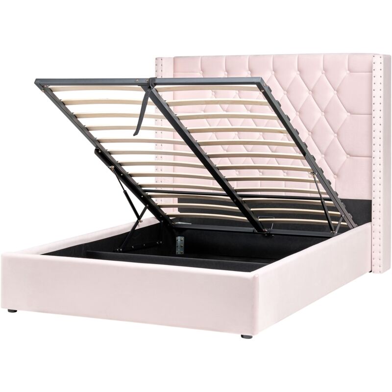 Beliani Eu Double Velvet Bed Frame 4ft6 Pink With Storage High Headrest Lubbon