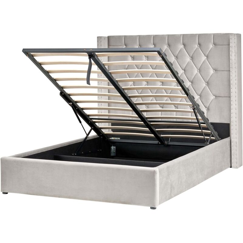 Beliani Eu Double Velvet Bed Frame 4ft6 Light Grey With Storage High Headrest Lubbon
