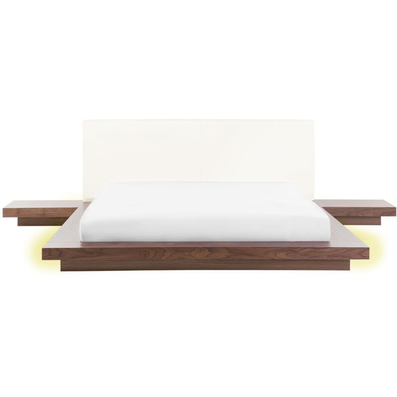 Beliani Modern Eu King Size Platform Bed With Led 5ft3 Side Tables Faux Leather Headboard Mdf Brown Ash Wood Zen