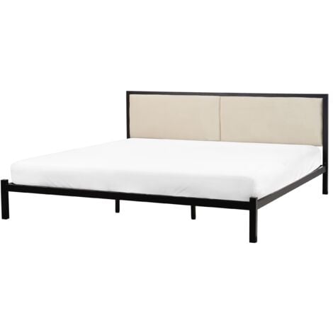 EU Super King Size Bed Frame 6ft Black Metal Light Beige Fabric Headboard Clamart