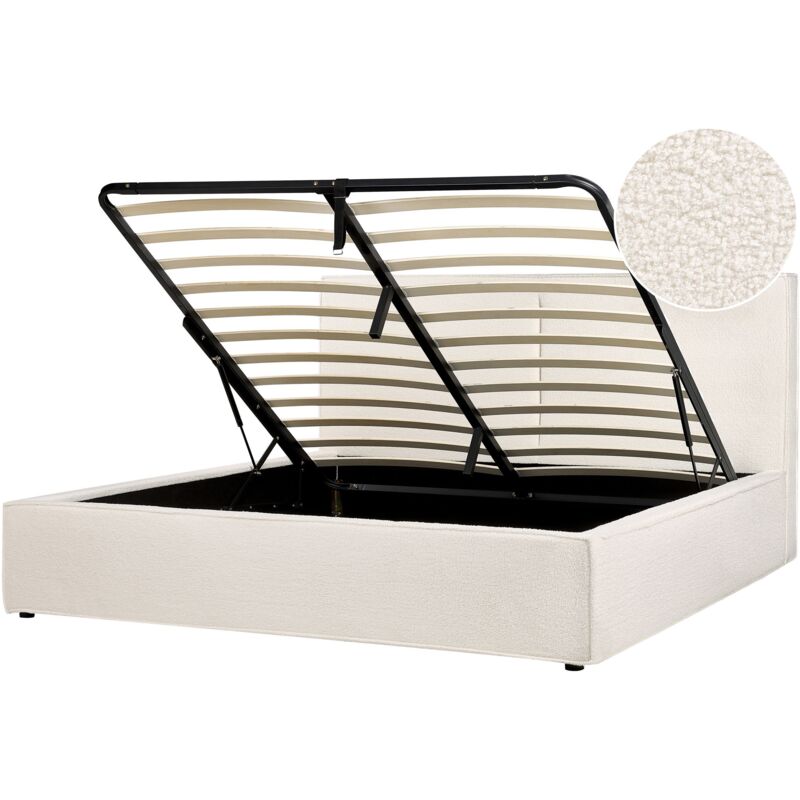 Beliani Eu Super King Size Bed Frame 6ft Boucle Upholstery Slatted Base Storage Ottoman Modern Bedroom Off-white Moissac