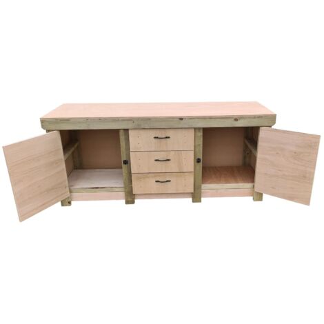 Eucalyptus top workbench with drawers and double lockable cupboard (V.8) (H-90cm, D-70cm, L-210cm)