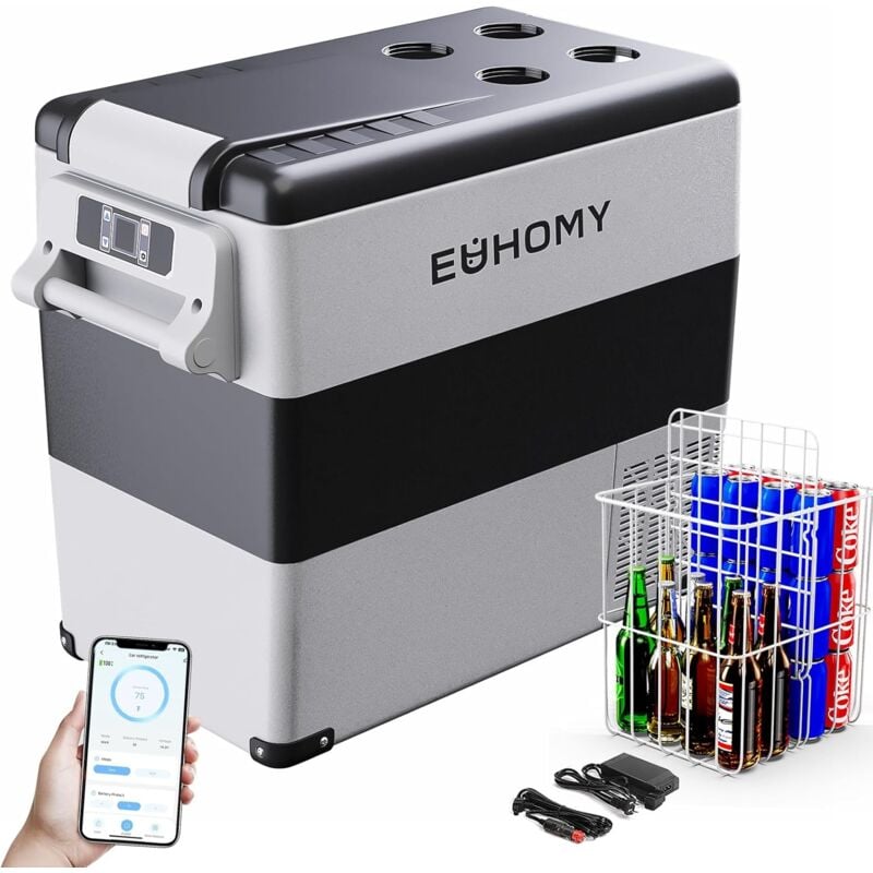 EUHOMY 55L Réfrigérateur de Voiture avec 12/24V DC & 240V AC, Glacière électrique Portable pour la Voiture, le Camping, les Voyages,le Champ de