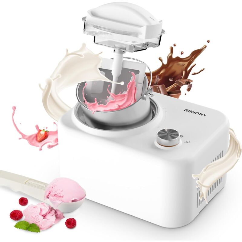 EUHOMY Machine à Crème Glacée avec Compresseur, 3 Modes Gelato Sorbet Frozen Yoghurt Machine, Facile à utiliser et à nettoyer, 100W, Blanc pour la