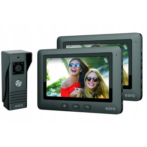 EURA White VDP-45A3 Alpha, videocitofono a 4 Fili, Monitor a Colori da 7", Nero, 2 monitores