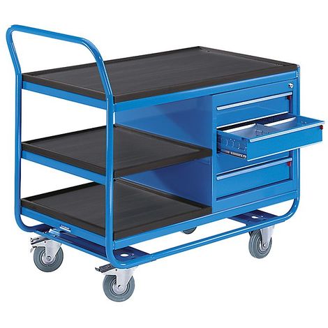 EUROKRAFT Chariot industriel à plateaux - 3 plateaux, 1 armoire à tiroirs - roulettes à bandage caoutchouc non tachant - Coloris: Bleu clair RAL 5012