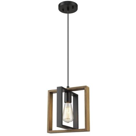 Europäische Pendelleuchte 1-flammig, schwarz + Holzoptik, ohne Leuchtmittel, modernes minimalistisches quadratisches Design aus Holz und Metall, für Esszimmer, Kücheninsel, E27-Fassung