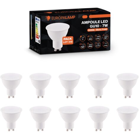 Europalamp – Lot de 10 ampoules GU10 7W blanc froid 6000K – Haute luminosité 560 lumens – Angle de diffusion 110° – Économie d'énergie A+