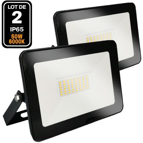 Europalamp – Lot de 2 projecteurs LED 50W blanc froid 6500K – IP65 étanche pour extérieur – 4450LM – Aluminium et verre trempé – Installation facile