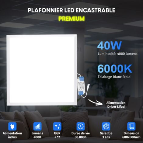 Europalamp – Pack de 6 dalles LED 600x600 40W PMMA blanc neutre 4000K – Flux lumineux 3600 lm – Angle de diffusion 120° – Fixation faux plafond