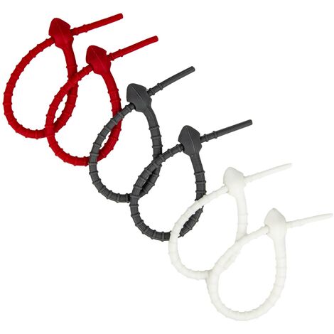 EUROTOOLS Silikon-Kabelbinder-Set 6,5 mm x 175 mm, 6-teilig, je 2 x rot, weiß und grau